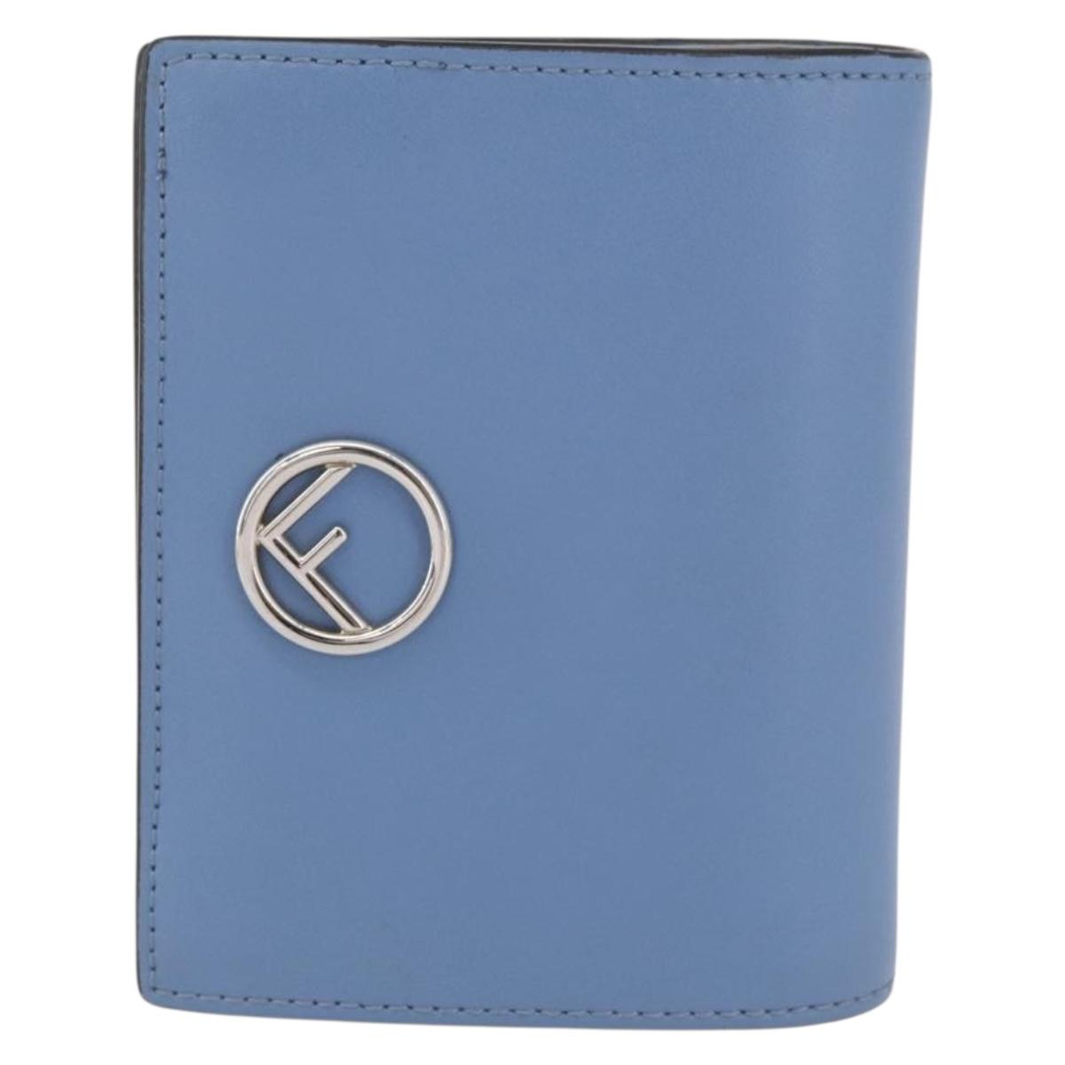 FENDI F-Is Bi-fold Bifold Wallet Leather Light Blue Silver Auth am11084A
