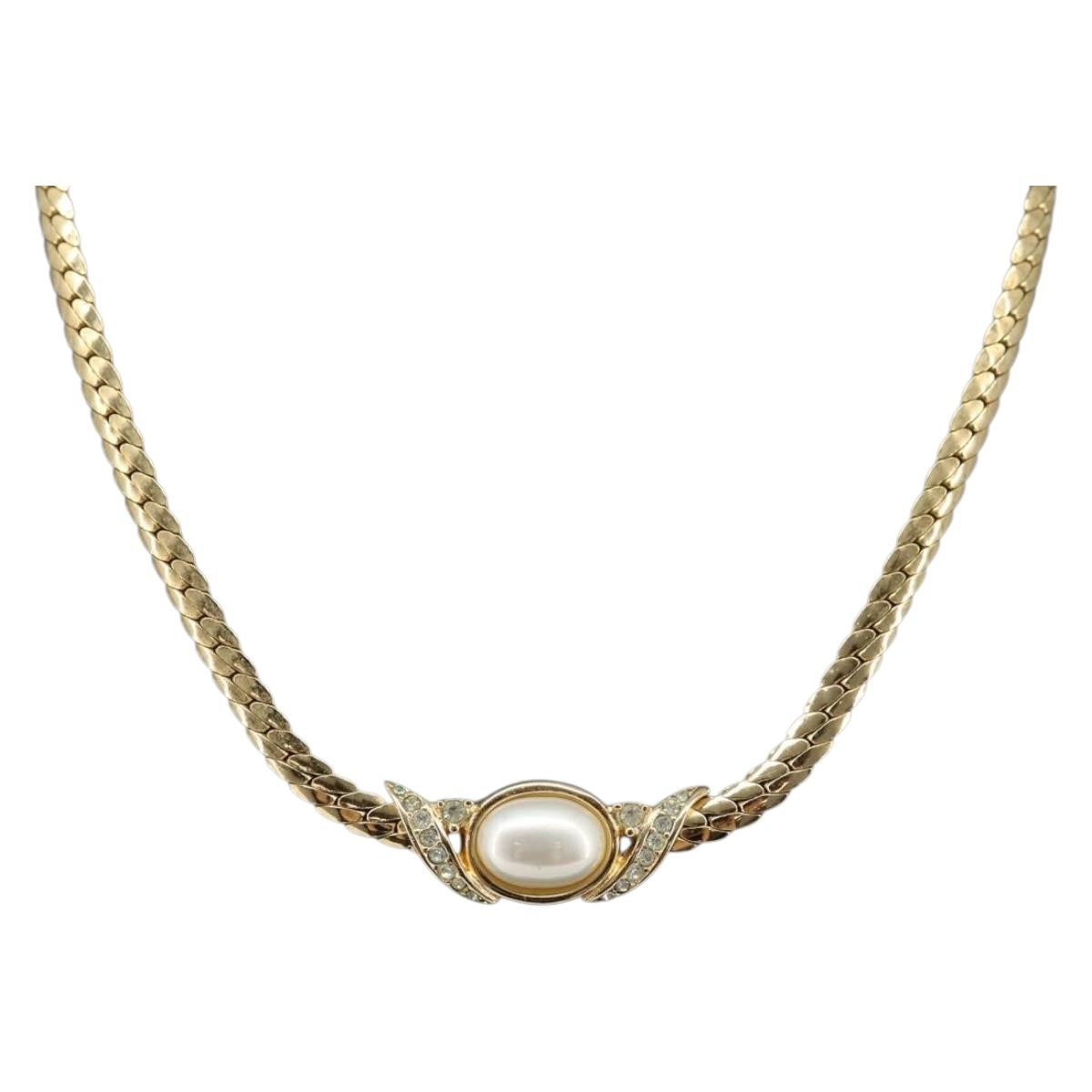 Christian Dior Pearl Rhinestone Necklace metal Gold Auth am11102A