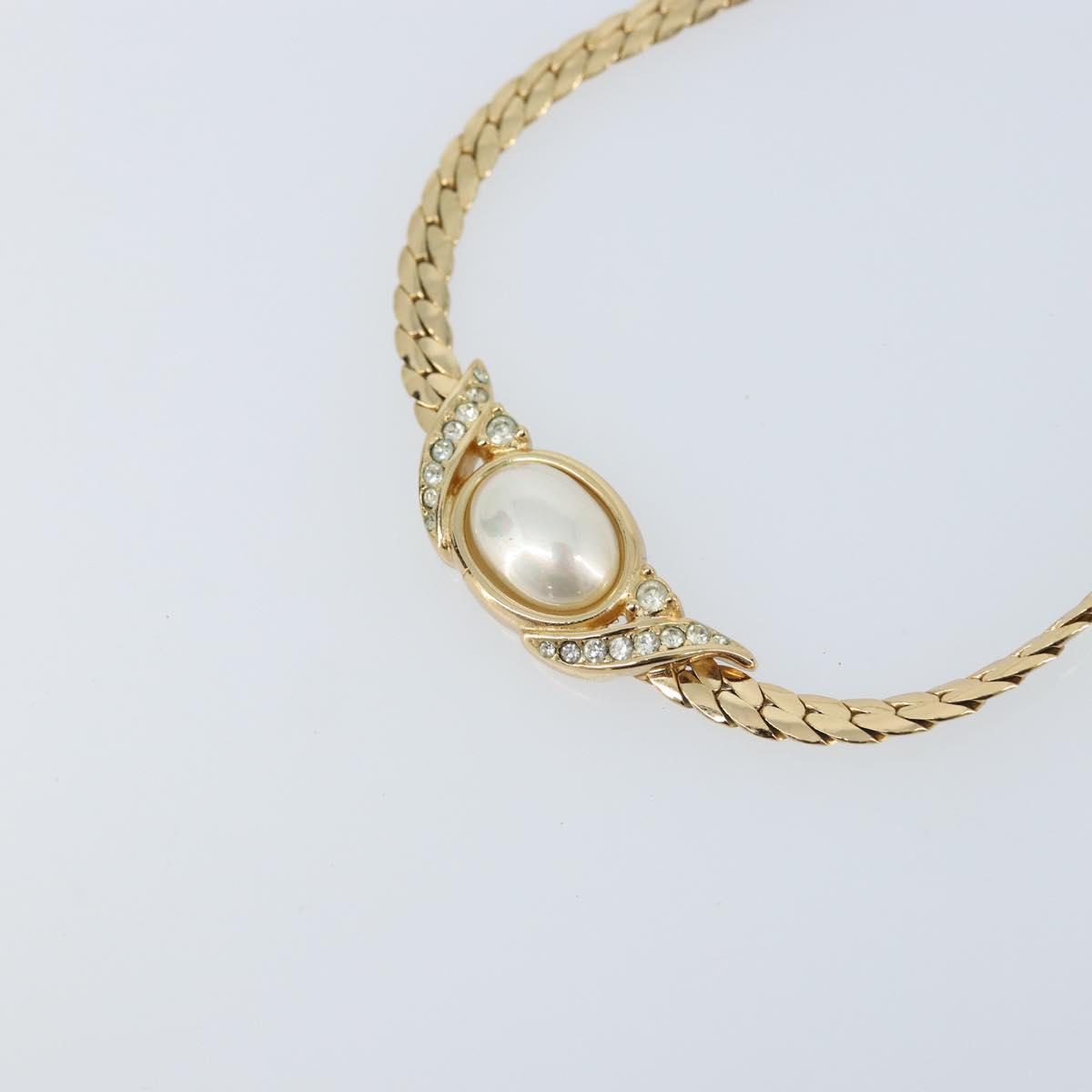 Christian Dior Pearl Rhinestone Necklace metal Gold Auth am11102A
