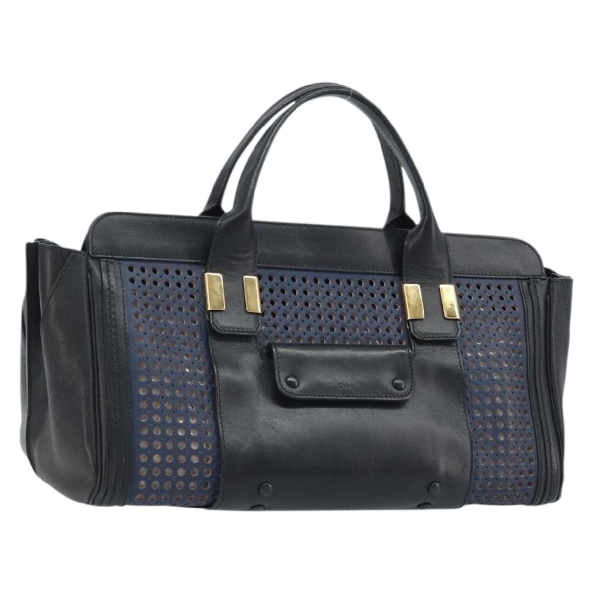 Chloe Punching Alice Hand Bag Leather Black Gold Auth am11108