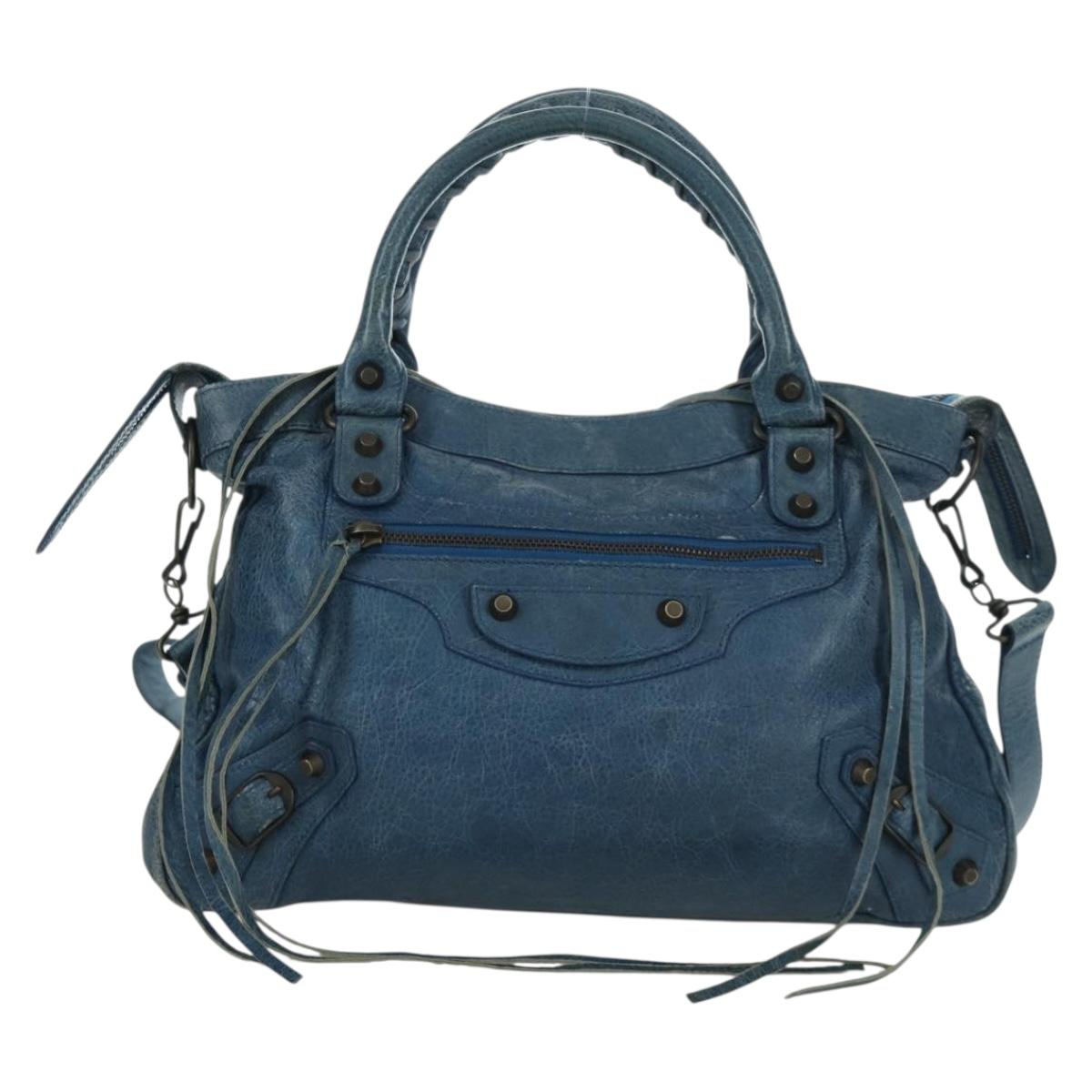 BALENCIAGA The Town Hand Bag Leather 2way Blue 240579 Auth am11151V