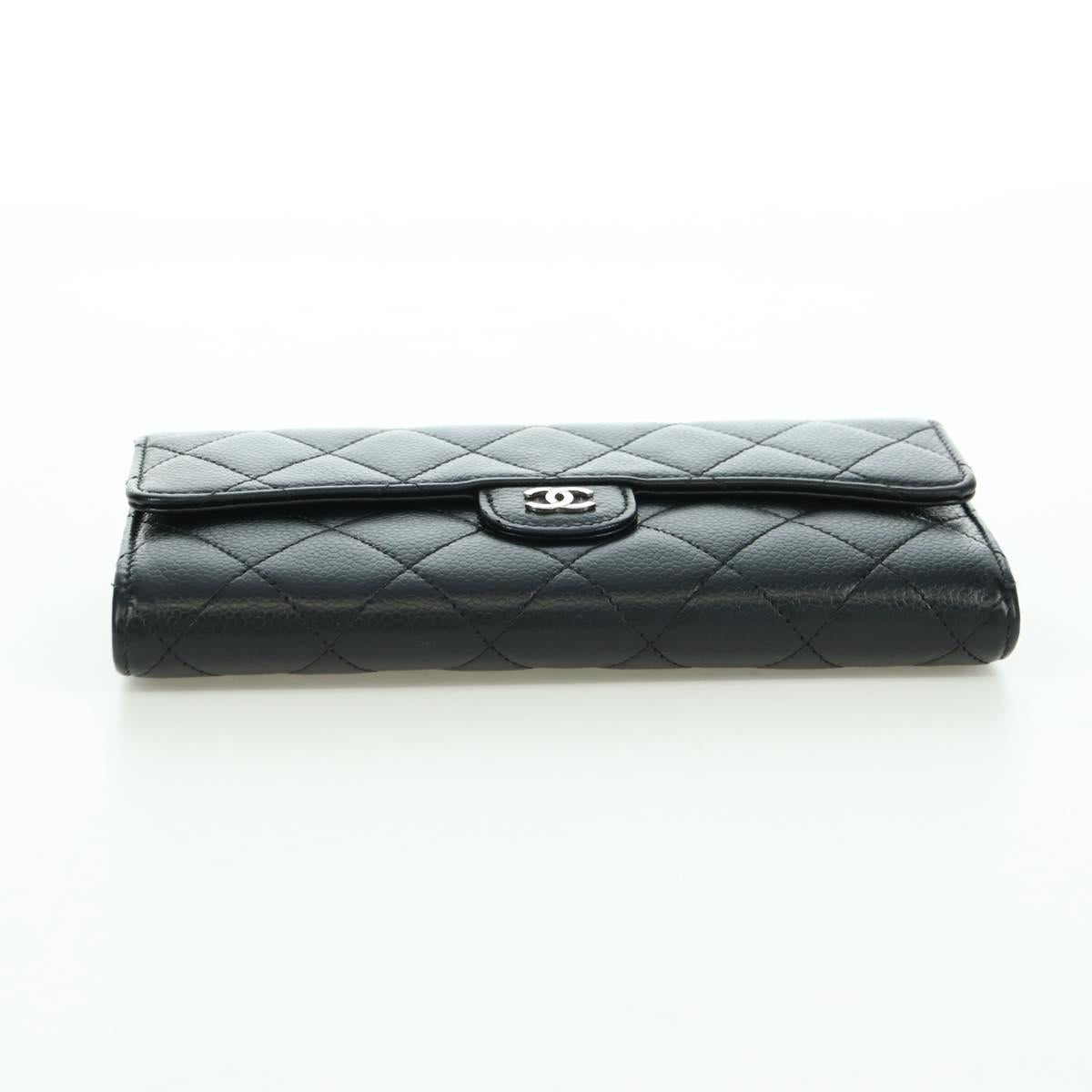 CHANEL Matelasse Long Wallet Caviar Skin Black Silver CC Auth am11194M