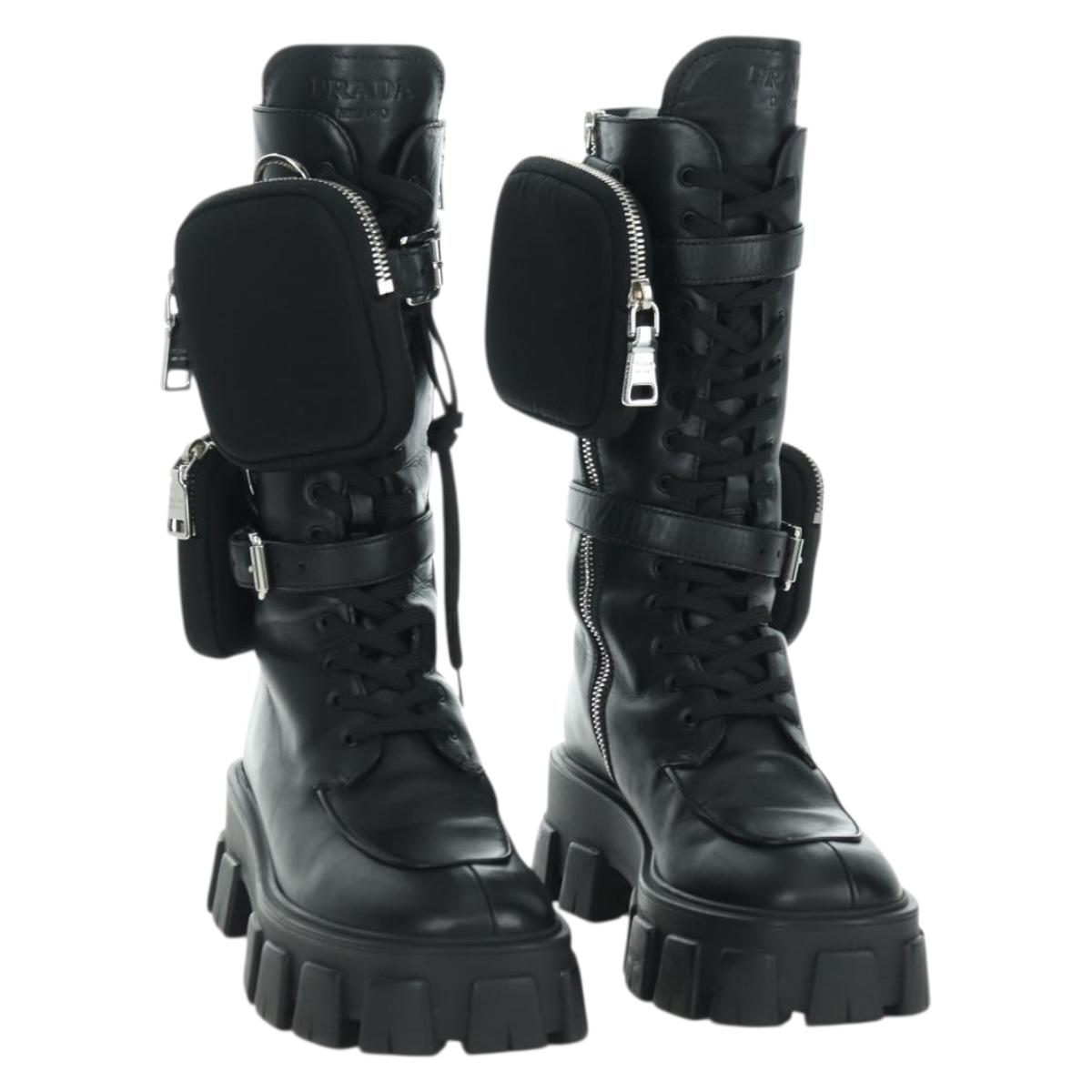 PRADA Monolith Long Boots Leather 35 1/2 Black Auth am11253SM