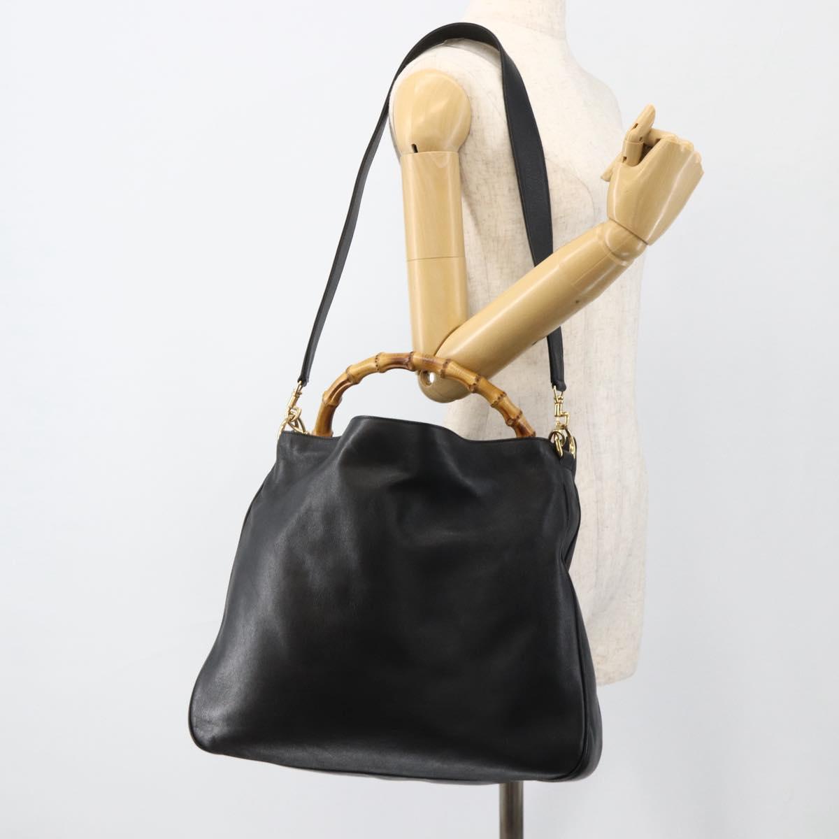 GUCCI Bamboo Shoulder Bag Leather 2way Black Gold 001 2123 1577 Auth am11264