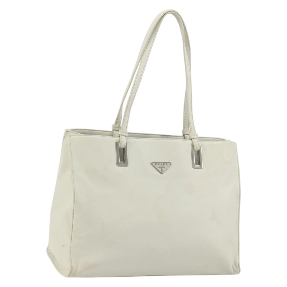 PRADA Tote Bag Leather White Silver Auth am11340