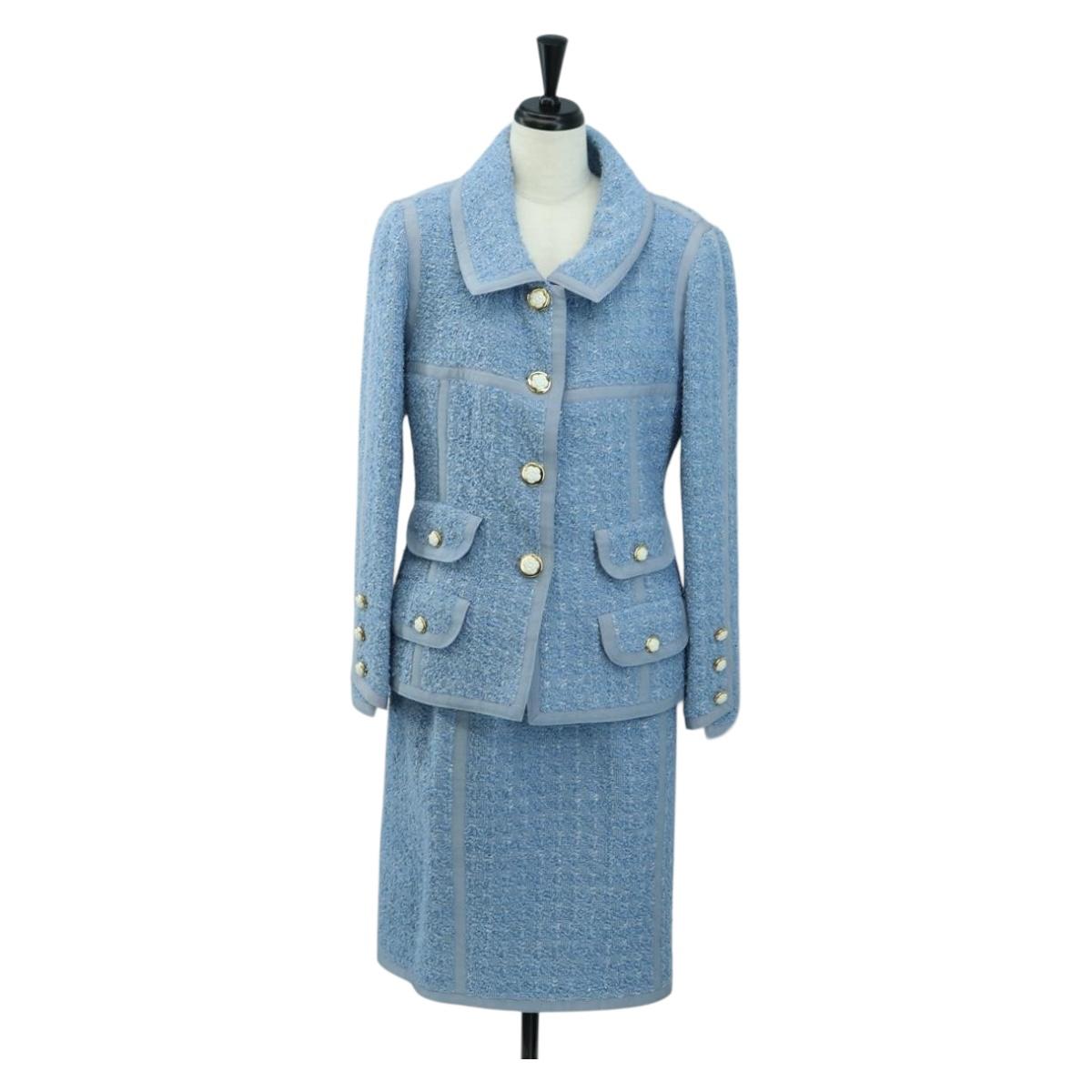 CHANEL jacket Skirt Setup Tweed 42 Light Blue CC Auth am11360SM