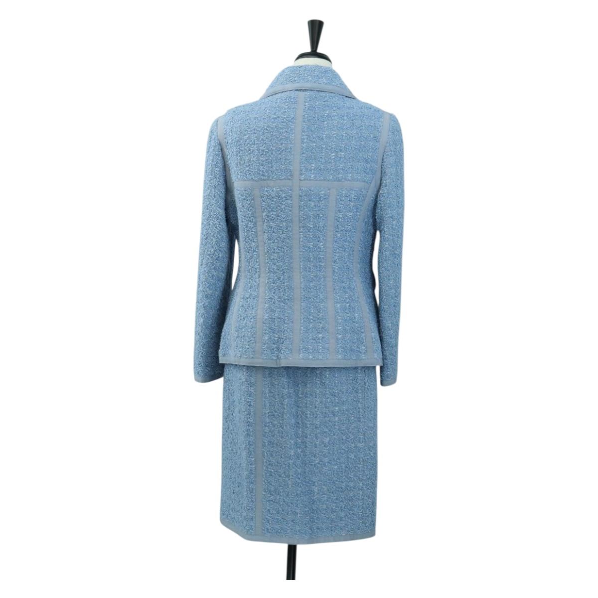 CHANEL jacket Skirt Setup Tweed 42 Light Blue CC Auth am11360SM
