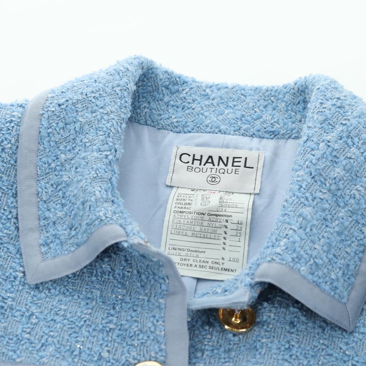CHANEL jacket Skirt Setup Tweed 42 Light Blue CC Auth am11360SM