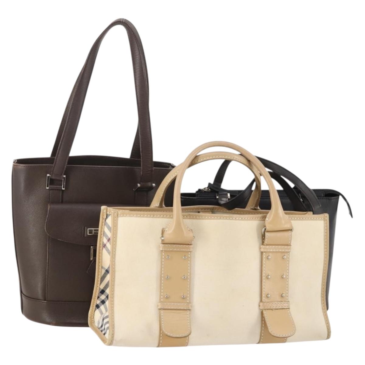 BURBERRY Blue Label Hand Bag Leather Canvas 3 Set Black Brown White Auth am11366