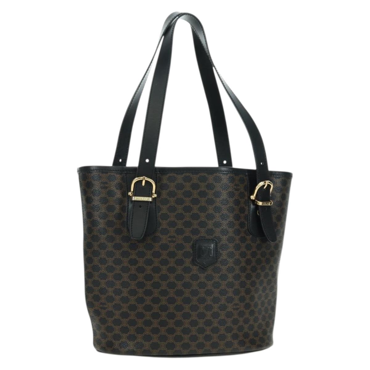 CELINE Macadam Canvas Tote Bag PVC Leather Black Gold Auth am11378V