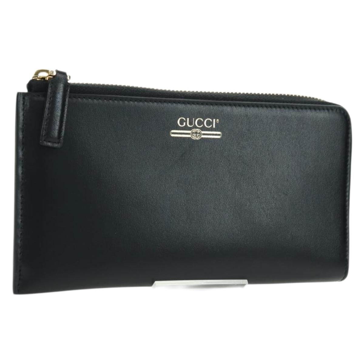 GUCCI L Shaped Round Long Wallet Leather Black Gold 573116 Auth am11415V