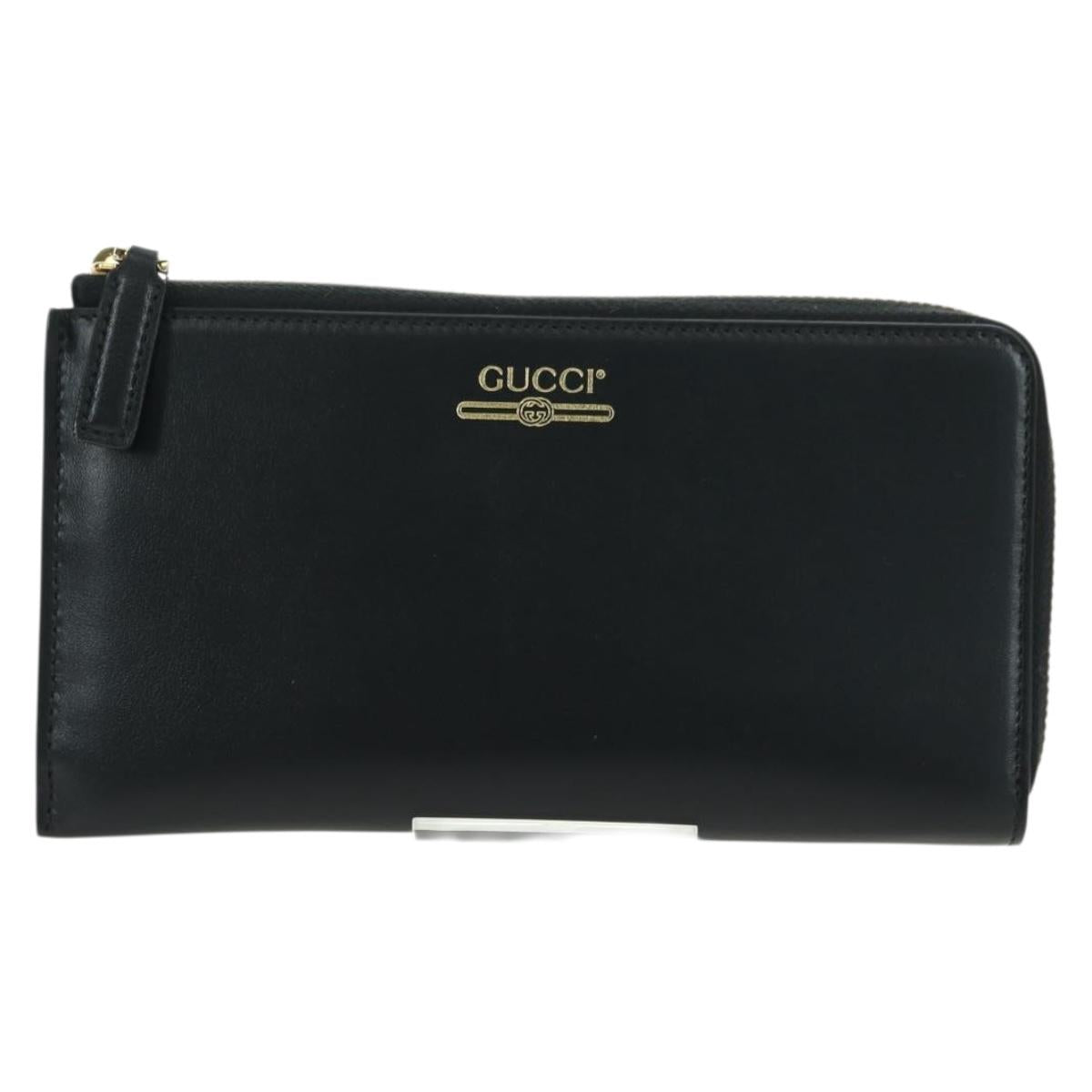 GUCCI L Shaped Round Long Wallet Leather Black Gold 573116 Auth am11415V