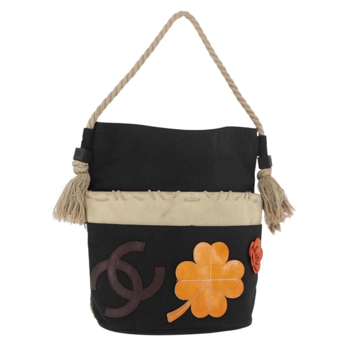 CHANEL Fishnet Camellia Clover Rope Bag Canvas Black Silver CC Auth am11426A