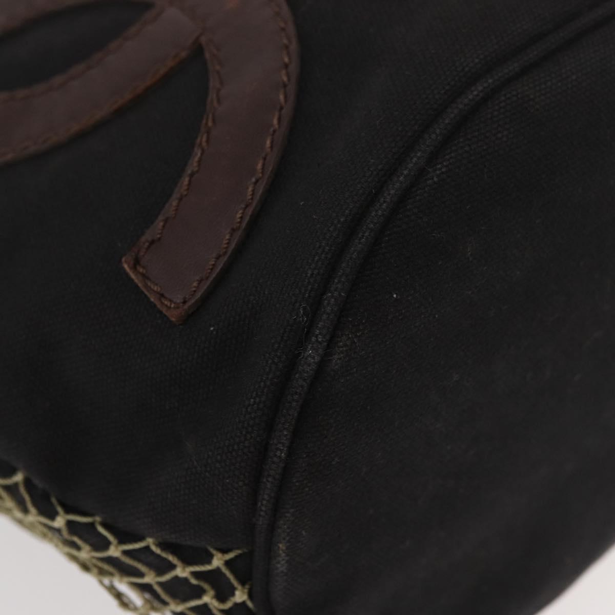 CHANEL Fishnet Camellia Clover Rope Bag Canvas Black Silver CC Auth am11426A