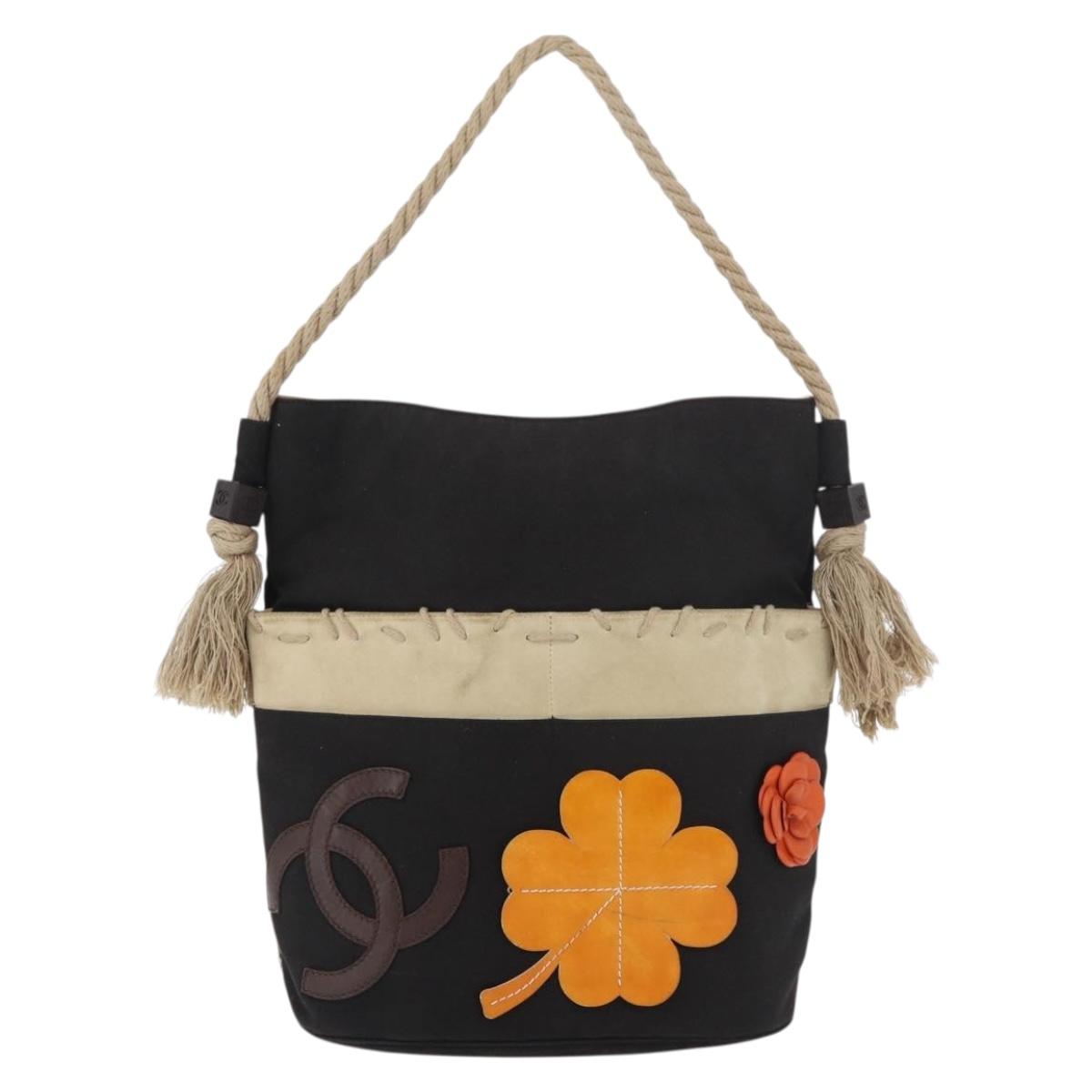 CHANEL Fishnet Camellia Clover Rope Bag Canvas Black Silver CC Auth am11426A