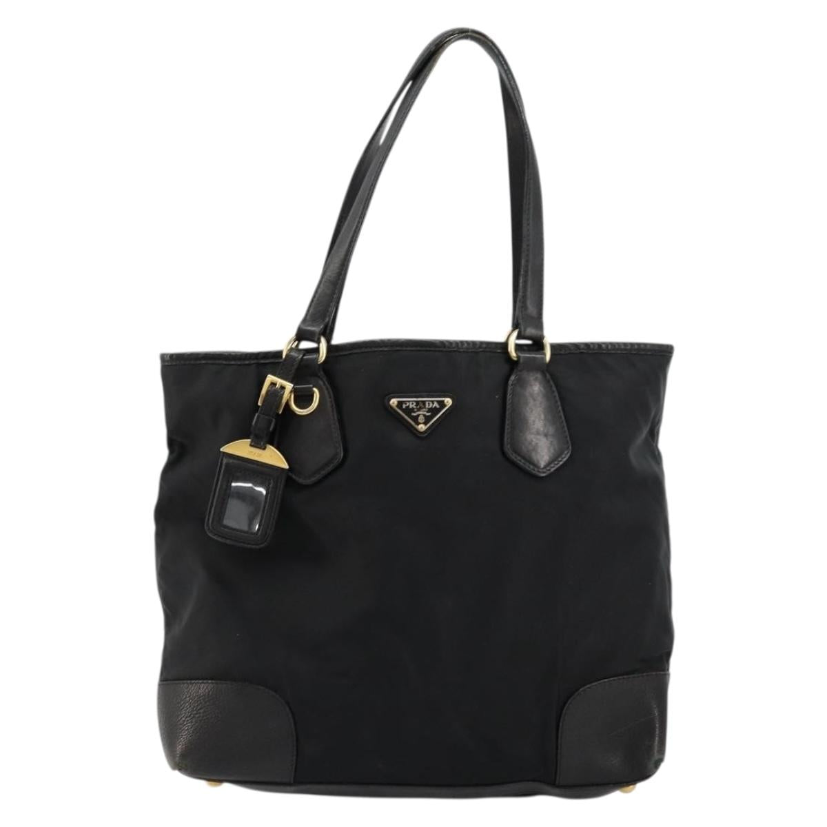 PRADA Tote Bag Nylon Leather Black Gold Auth am11435