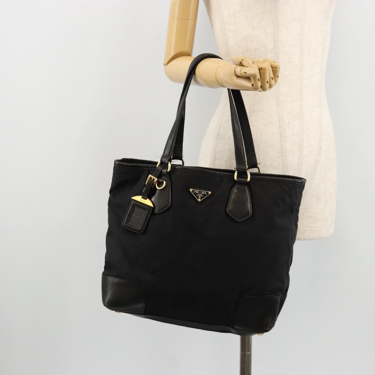 PRADA Tote Bag Nylon Leather Black Gold Auth am11435