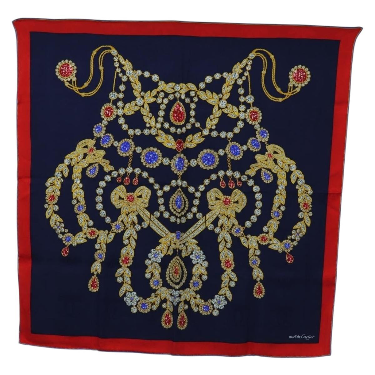 CARTIER Scarf Silk Red Navy Auth am11465V