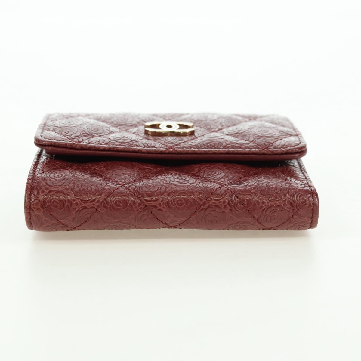 CHANEL Camelia Trifold Wallet Leather Bordeaux Gold CC Auth am11479M
