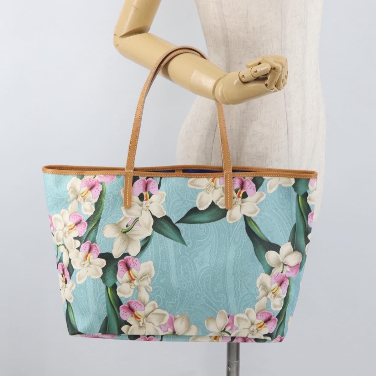 ETRO Paisley Flower Tote Bag PVC Light Blue Gold Auth am11485A
