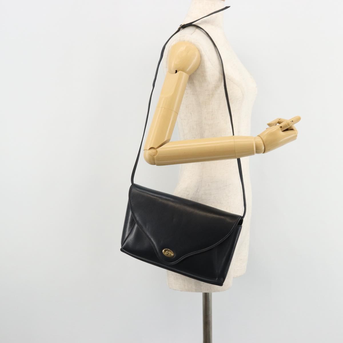 GUCCI Old Shoulder Bag Leather Navy Gold Auth am11511