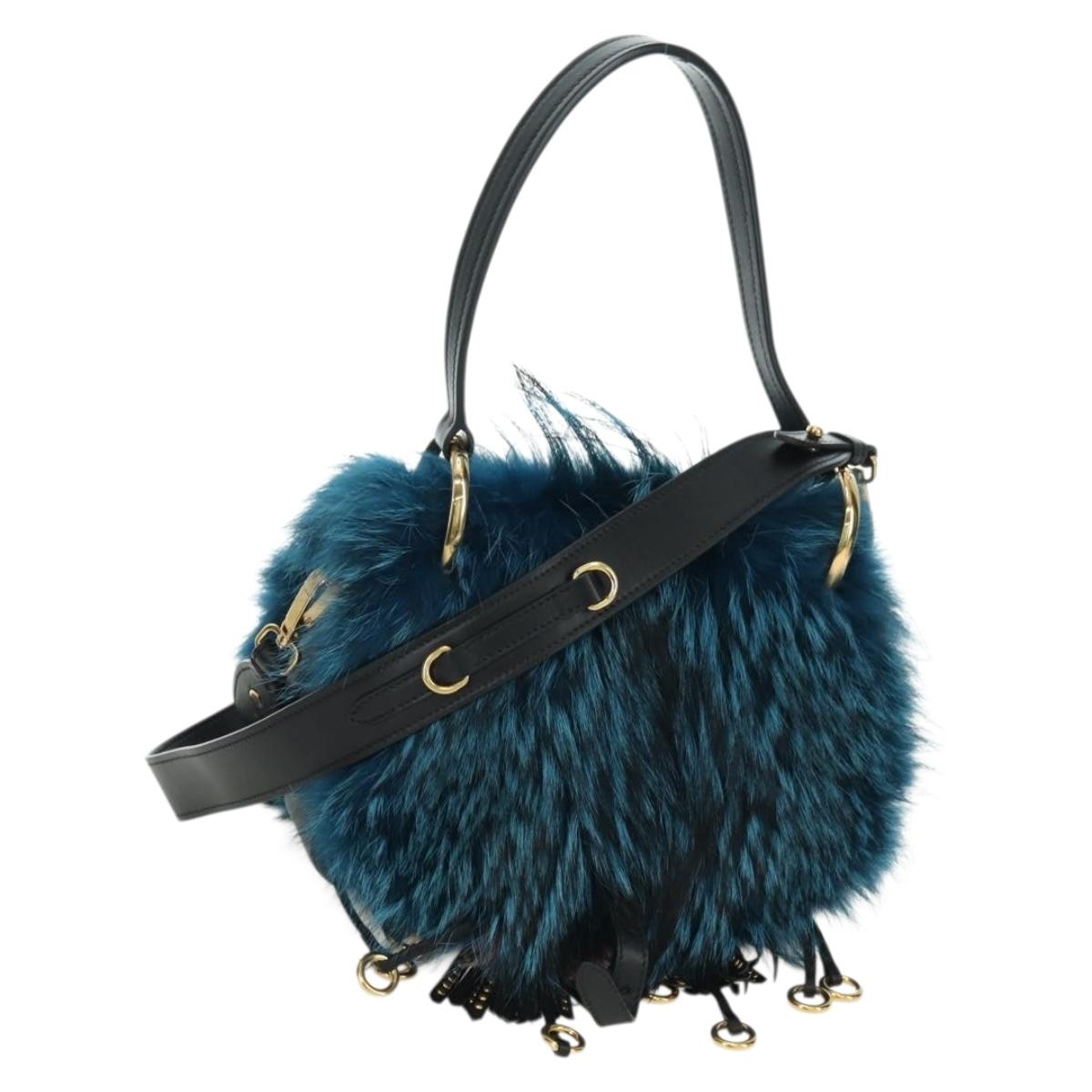 PRADA Hand Bag Fur Leather Blue Black Auth am11517SM