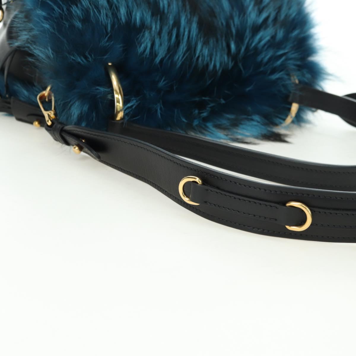 PRADA Hand Bag Fur Leather Blue Black Auth am11517SM