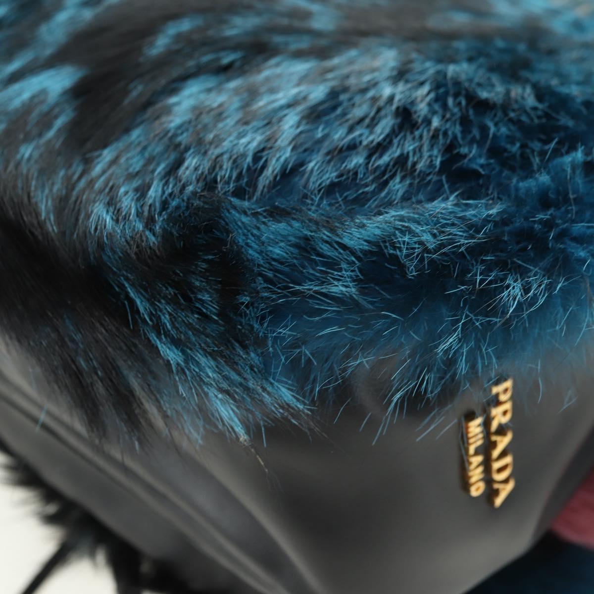 PRADA Hand Bag Fur Leather Blue Black Auth am11517SM
