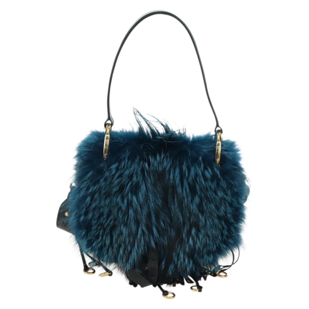 PRADA Hand Bag Fur Leather Blue Black Auth am11517SM