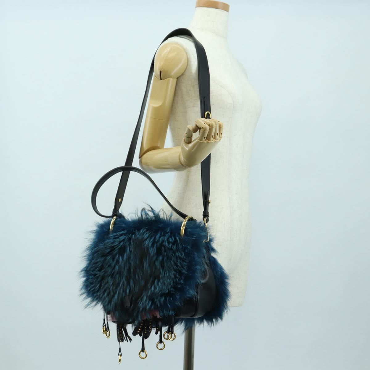 PRADA Hand Bag Fur Leather Blue Black Auth am11517SM
