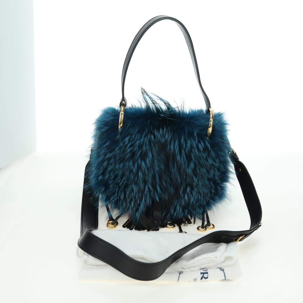 PRADA Hand Bag Fur Leather Blue Black Auth am11517SM