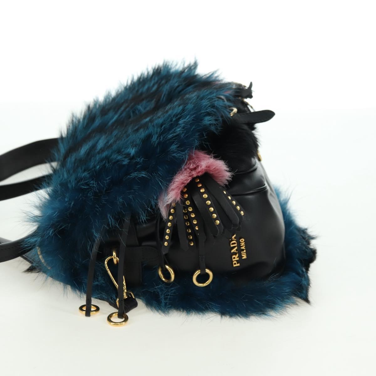 PRADA Hand Bag Fur Leather Blue Black Auth am11517SM