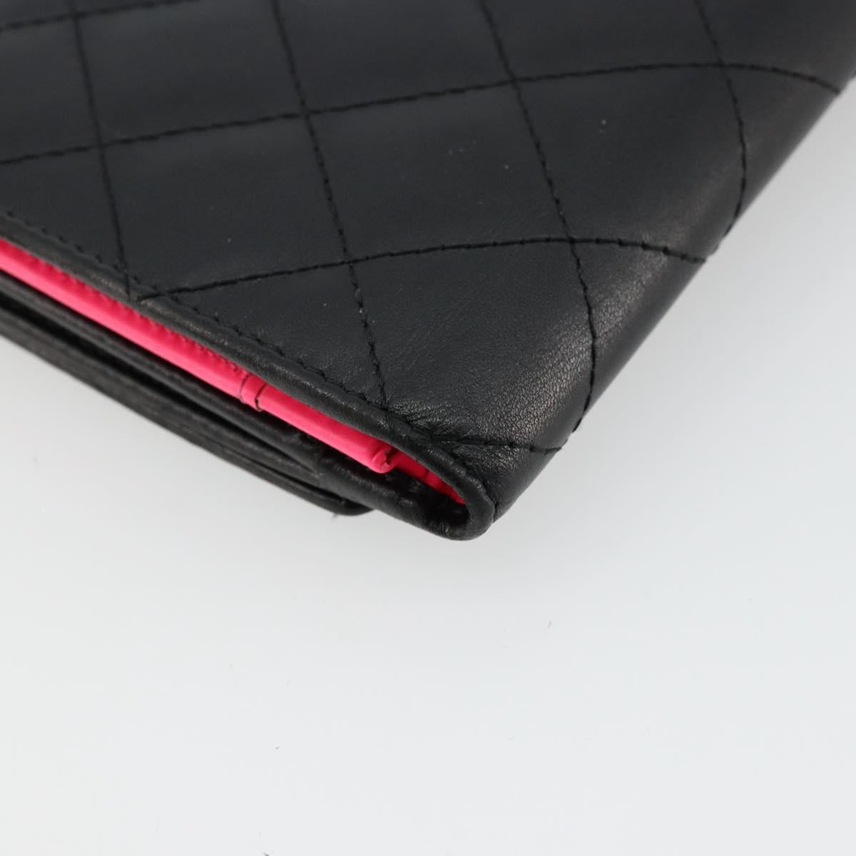 CHANEL Cambon Line Long Wallet Lamb Skin Black White CC Auth am11522V