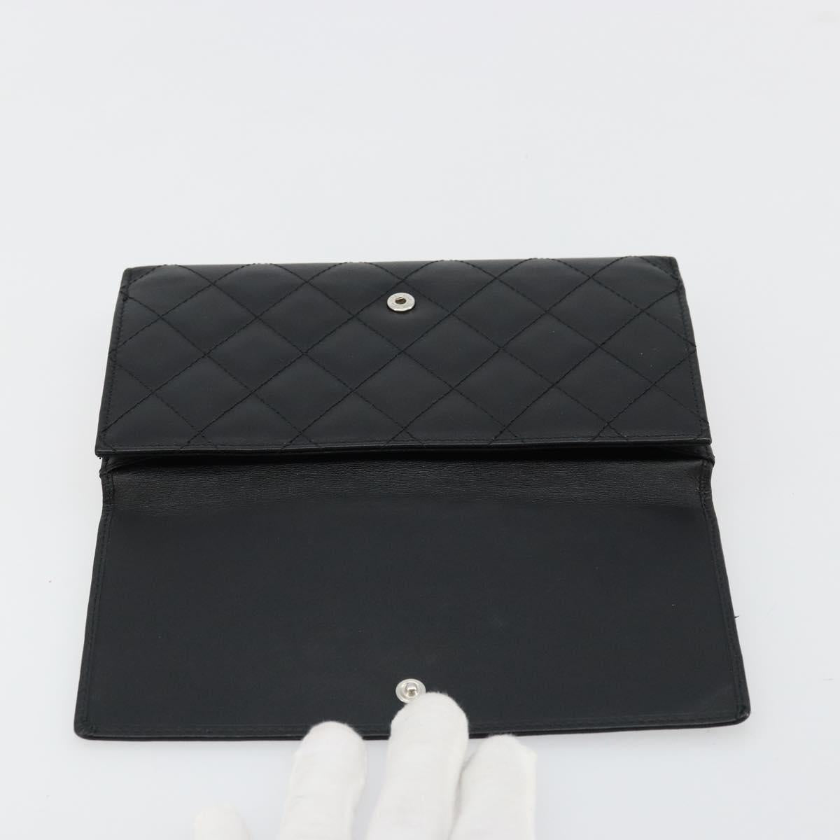 CHANEL Cambon Line Long Wallet Lamb Skin Black White CC Auth am11522V