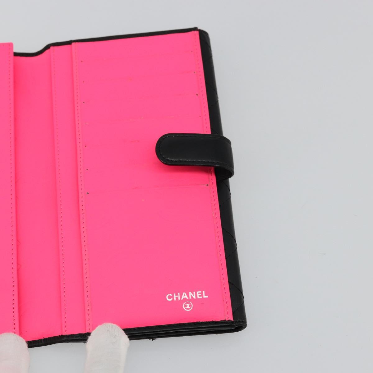 CHANEL Cambon Line Long Wallet Lamb Skin Black White CC Auth am11522V