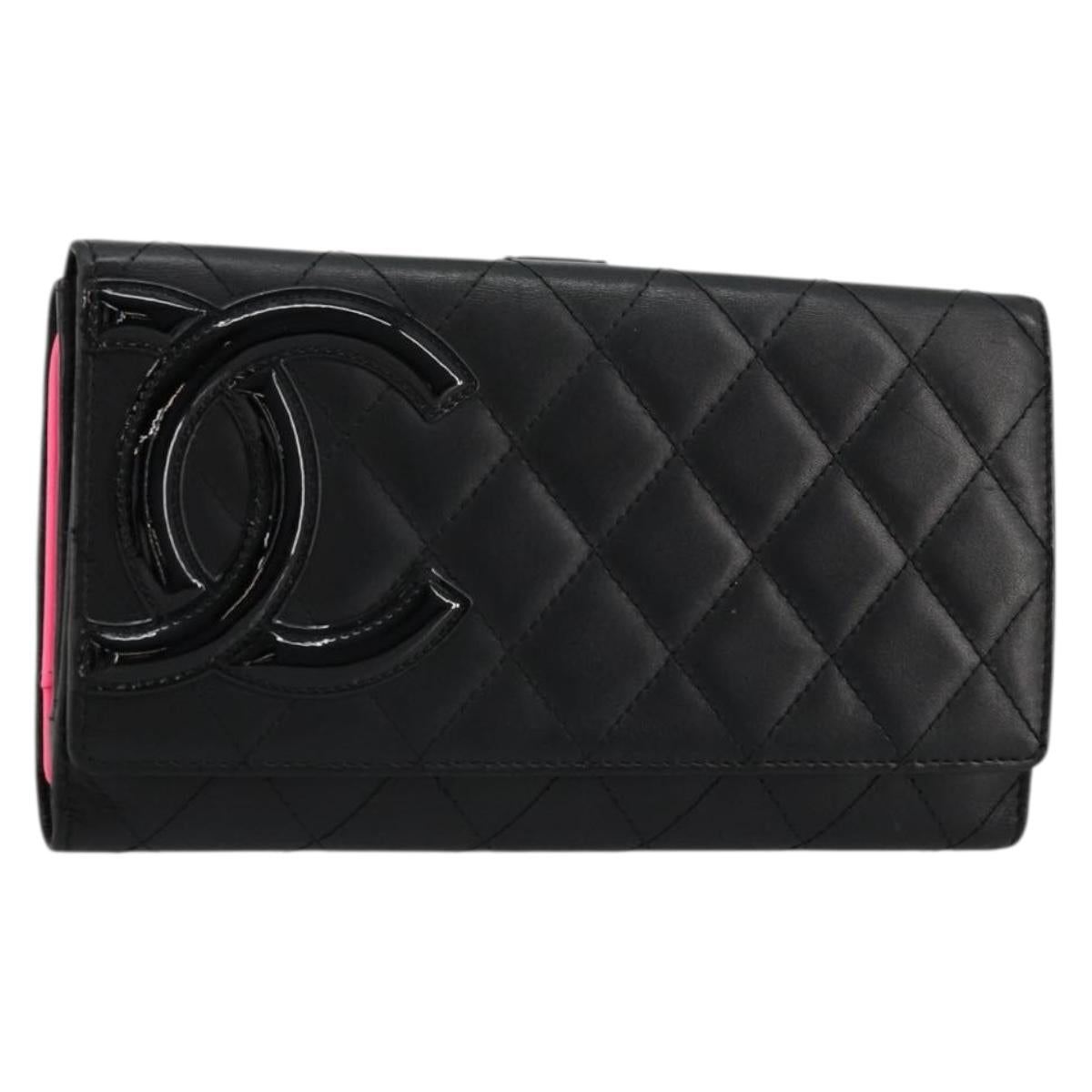 CHANEL Cambon Line Long Wallet Lamb Skin Black White CC Auth am11522V