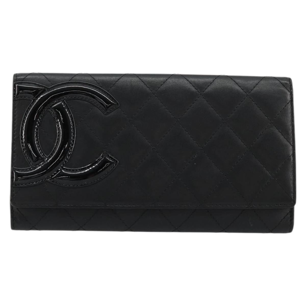 CHANEL Cambon Line Long Wallet Lamb Skin Black White CC Auth am11522V