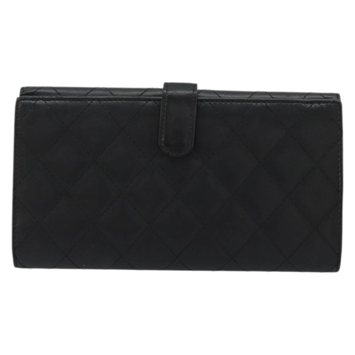 CHANEL Cambon Line Long Wallet Lamb Skin Black White CC Auth am11522V