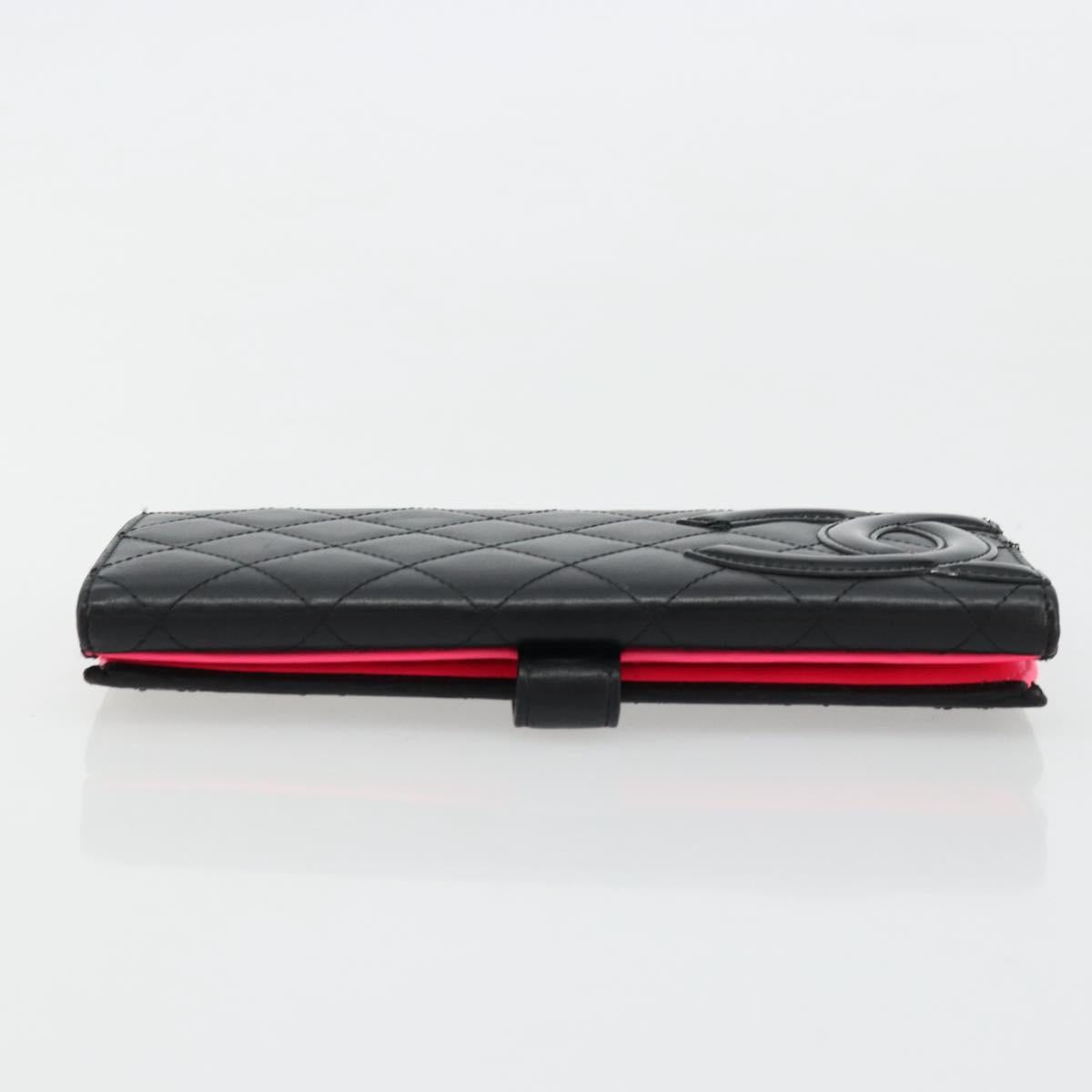 CHANEL Cambon Line Long Wallet Lamb Skin Black White CC Auth am11522V
