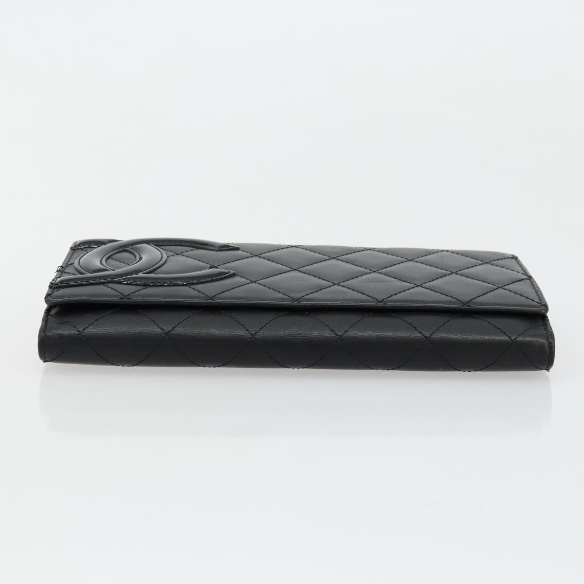 CHANEL Cambon Line Long Wallet Lamb Skin Black White CC Auth am11522V