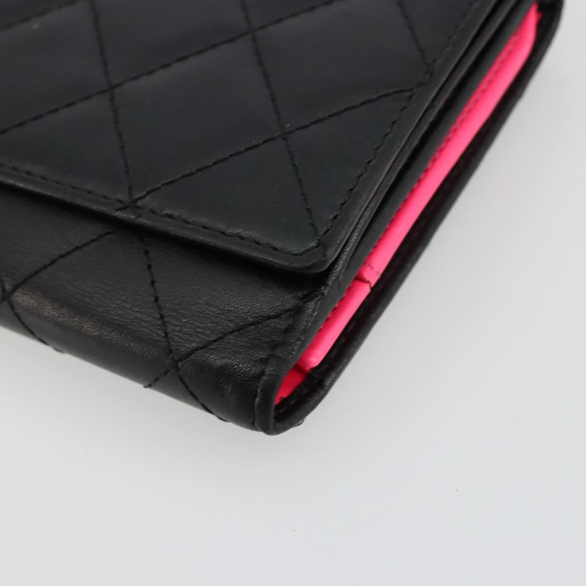 CHANEL Cambon Line Long Wallet Lamb Skin Black White CC Auth am11522V