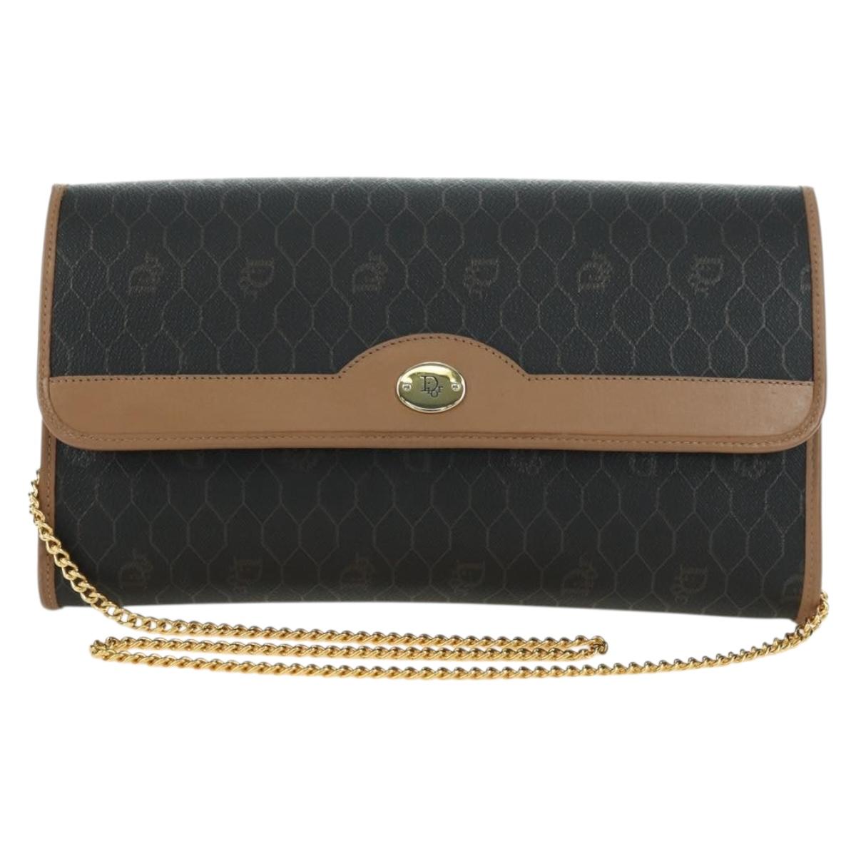 Christian Dior Honeycomb Canvas Chain Shoulder Bag PVC Gray Gold Auth am11525A