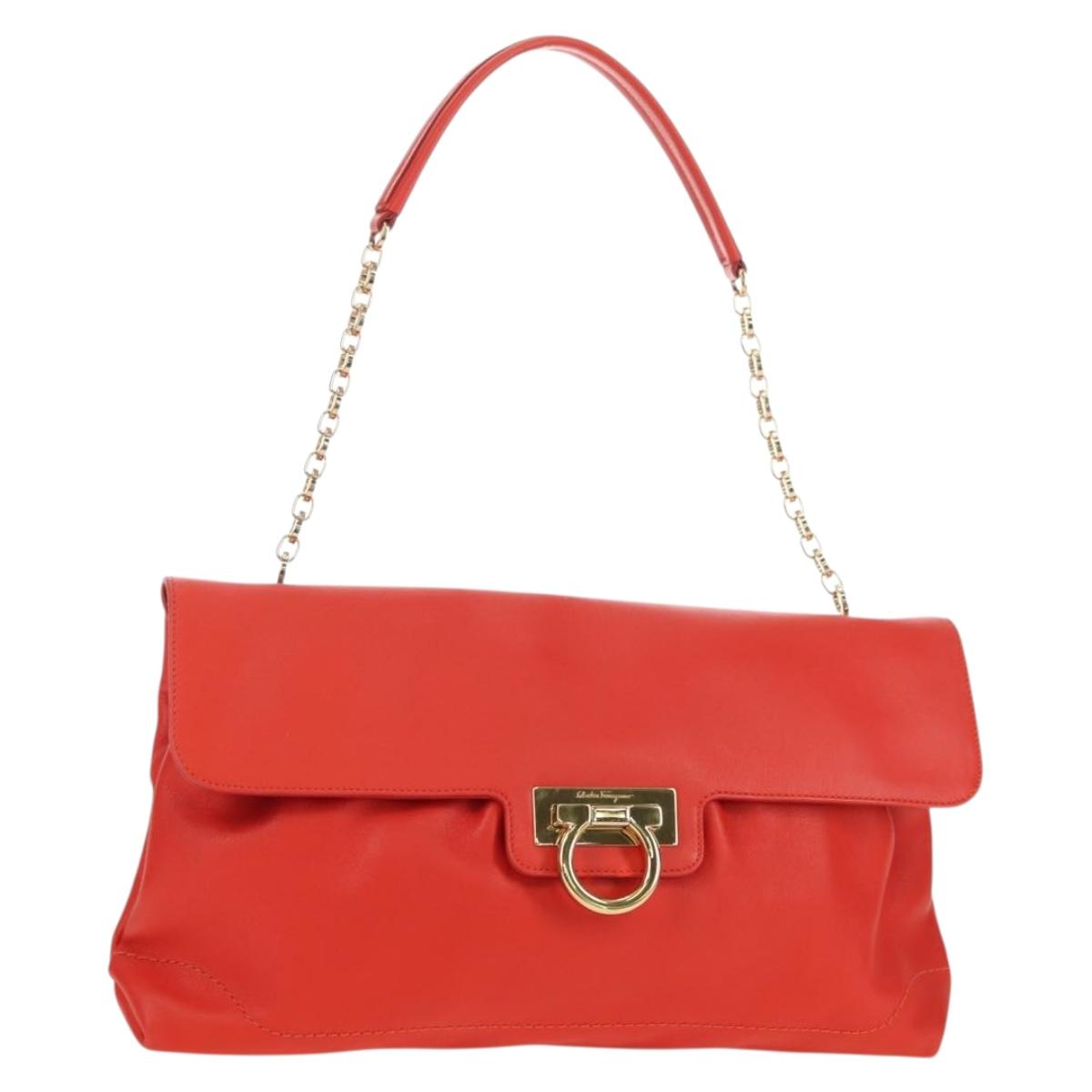 Salvatore Ferragamo Gancini Chain Hand Bag Leather Red Gold Auth am11549V