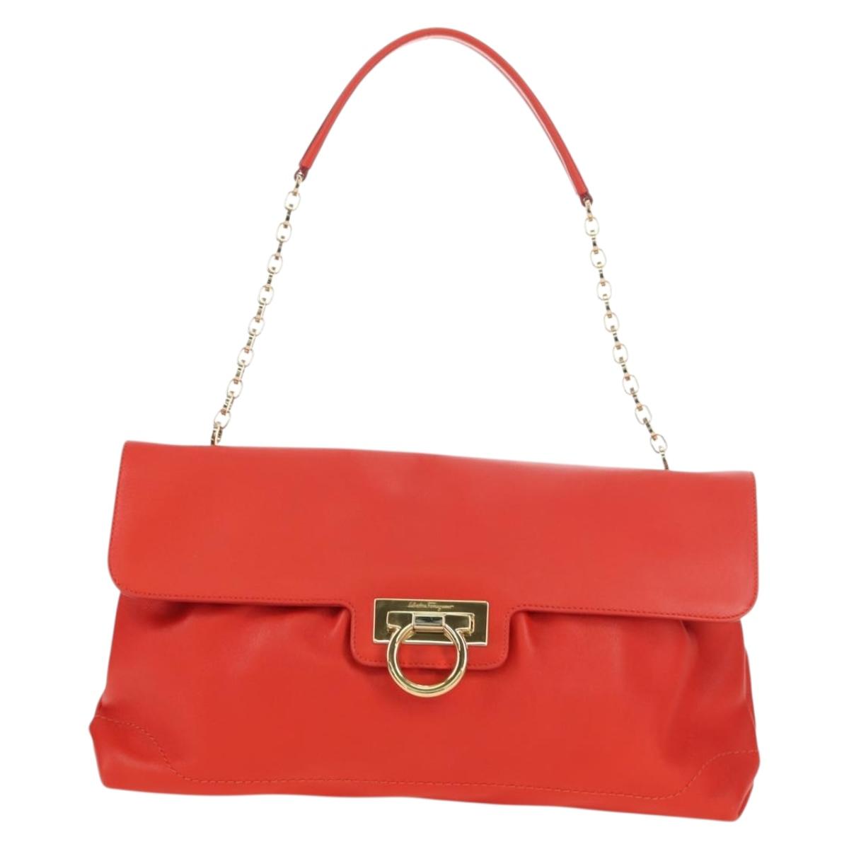 Salvatore Ferragamo Gancini Chain Hand Bag Leather Red Gold Auth am11549V
