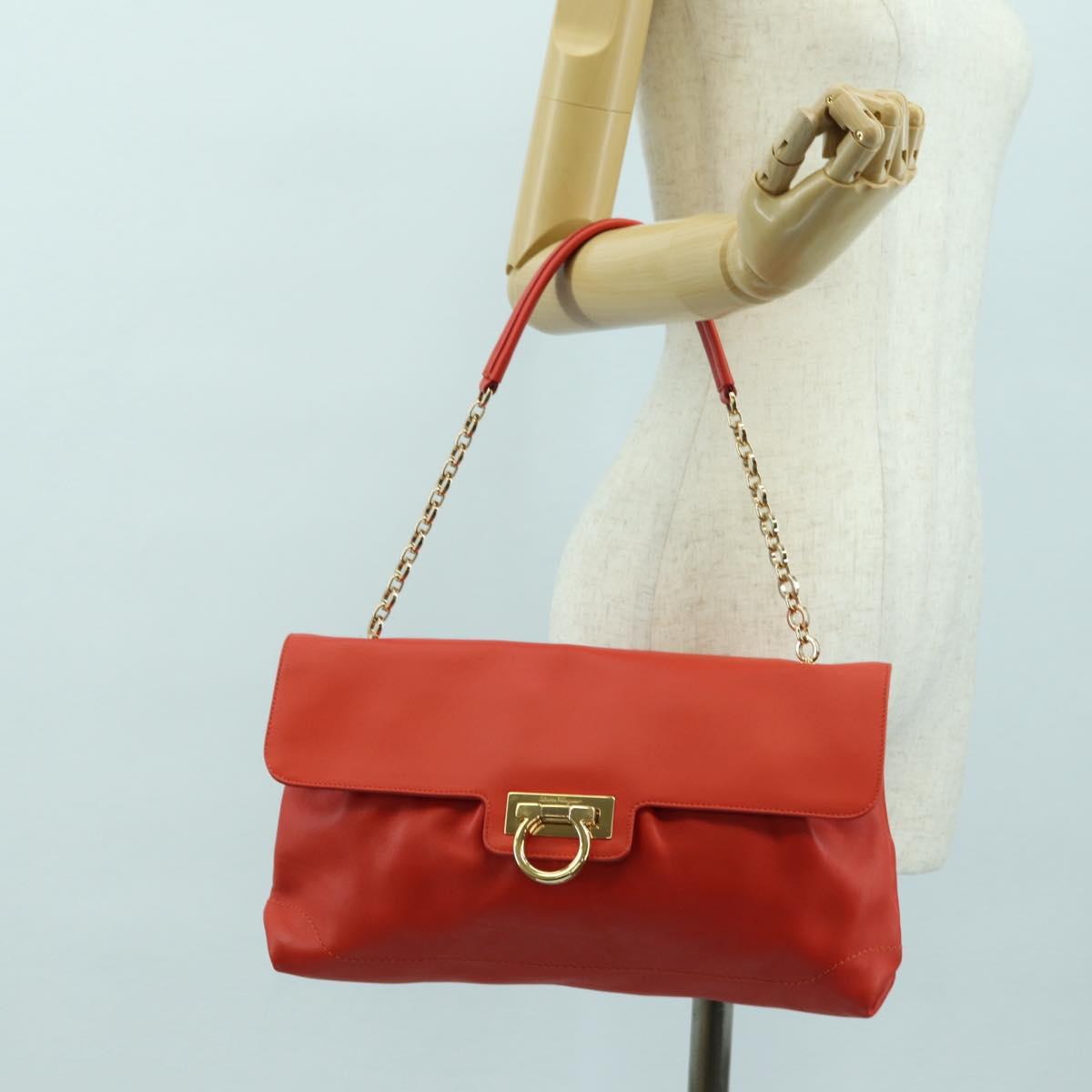 Salvatore Ferragamo Gancini Chain Hand Bag Leather Red Gold Auth am11549V