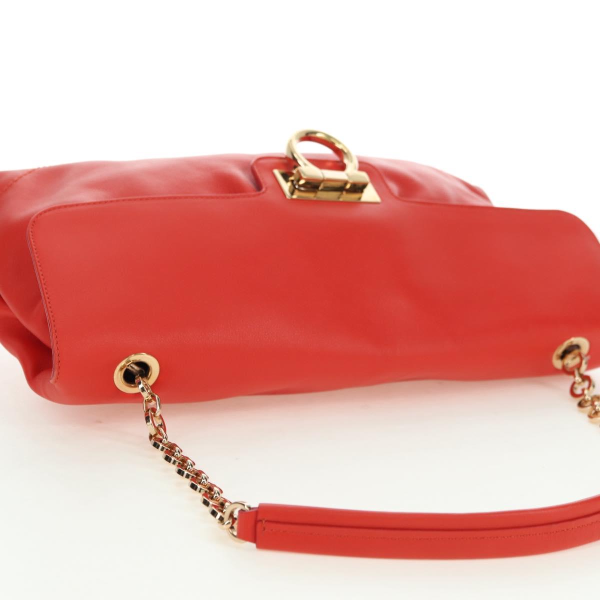 Salvatore Ferragamo Gancini Chain Hand Bag Leather Red Gold Auth am11549V