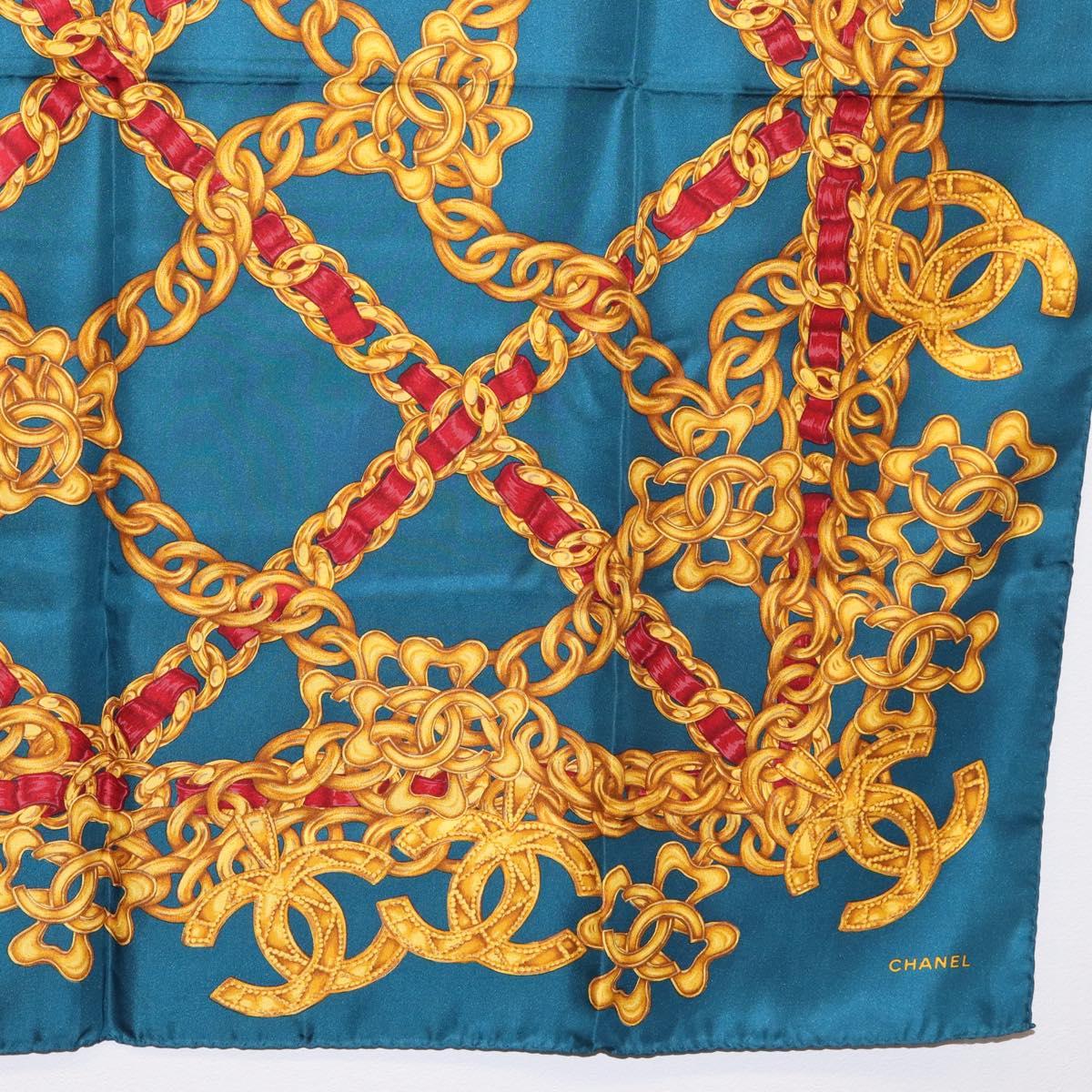 CHANEL Chain Accessory Pattern Scarf Silk Blue CC Auth am11561A