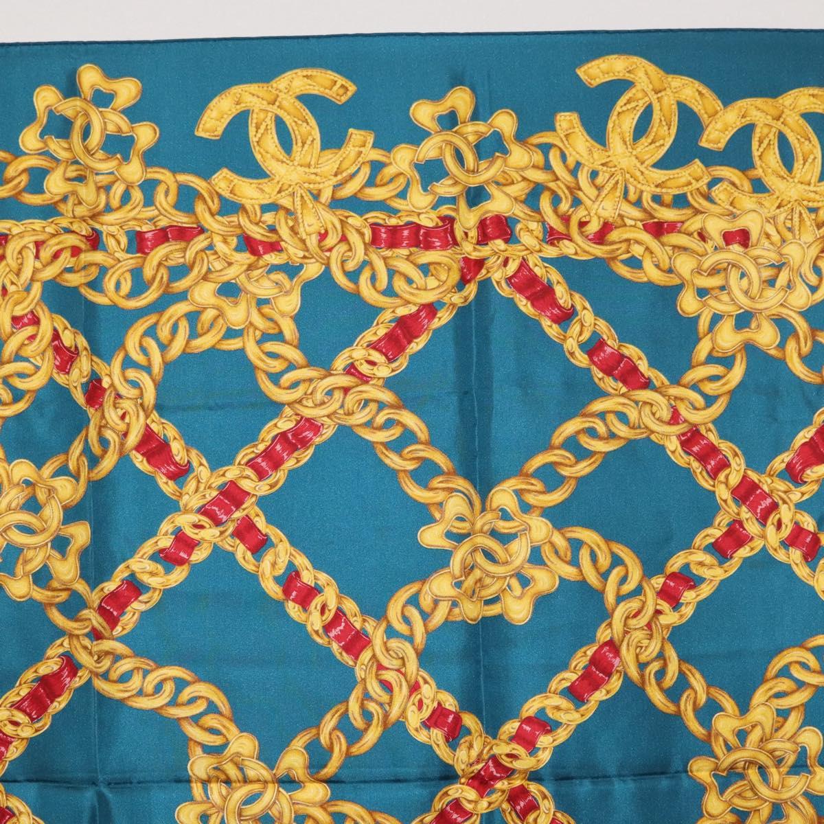 CHANEL Chain Accessory Pattern Scarf Silk Blue CC Auth am11561A