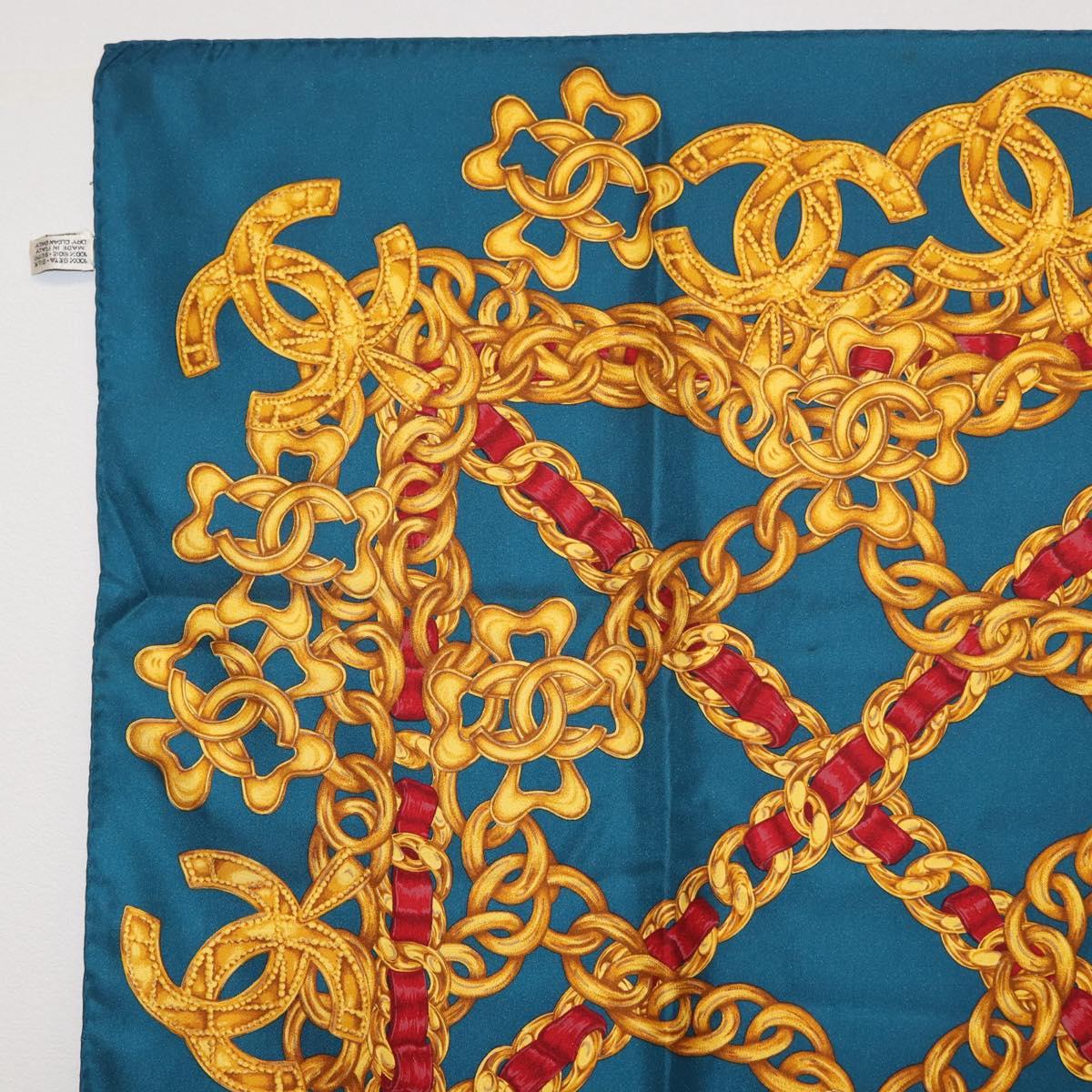 CHANEL Chain Accessory Pattern Scarf Silk Blue CC Auth am11561A