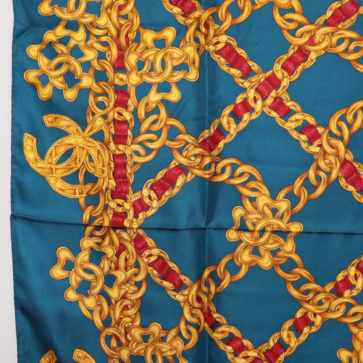 CHANEL Chain Accessory Pattern Scarf Silk Blue CC Auth am11561A